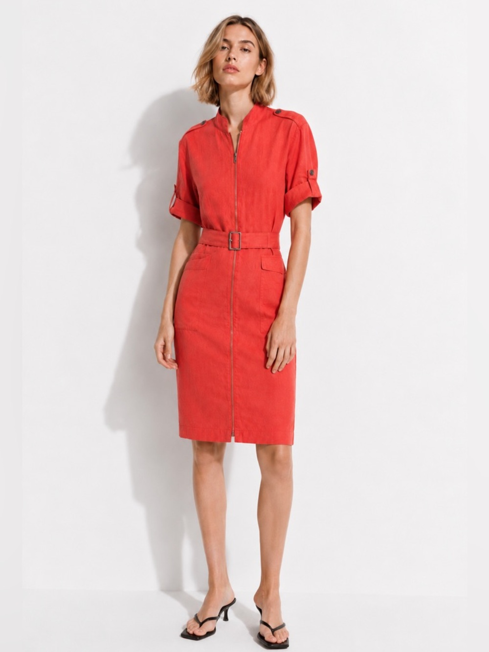 Lafayette 148 New York Linen Blend Utility Shirt Dress Coral Red Minimalist 8